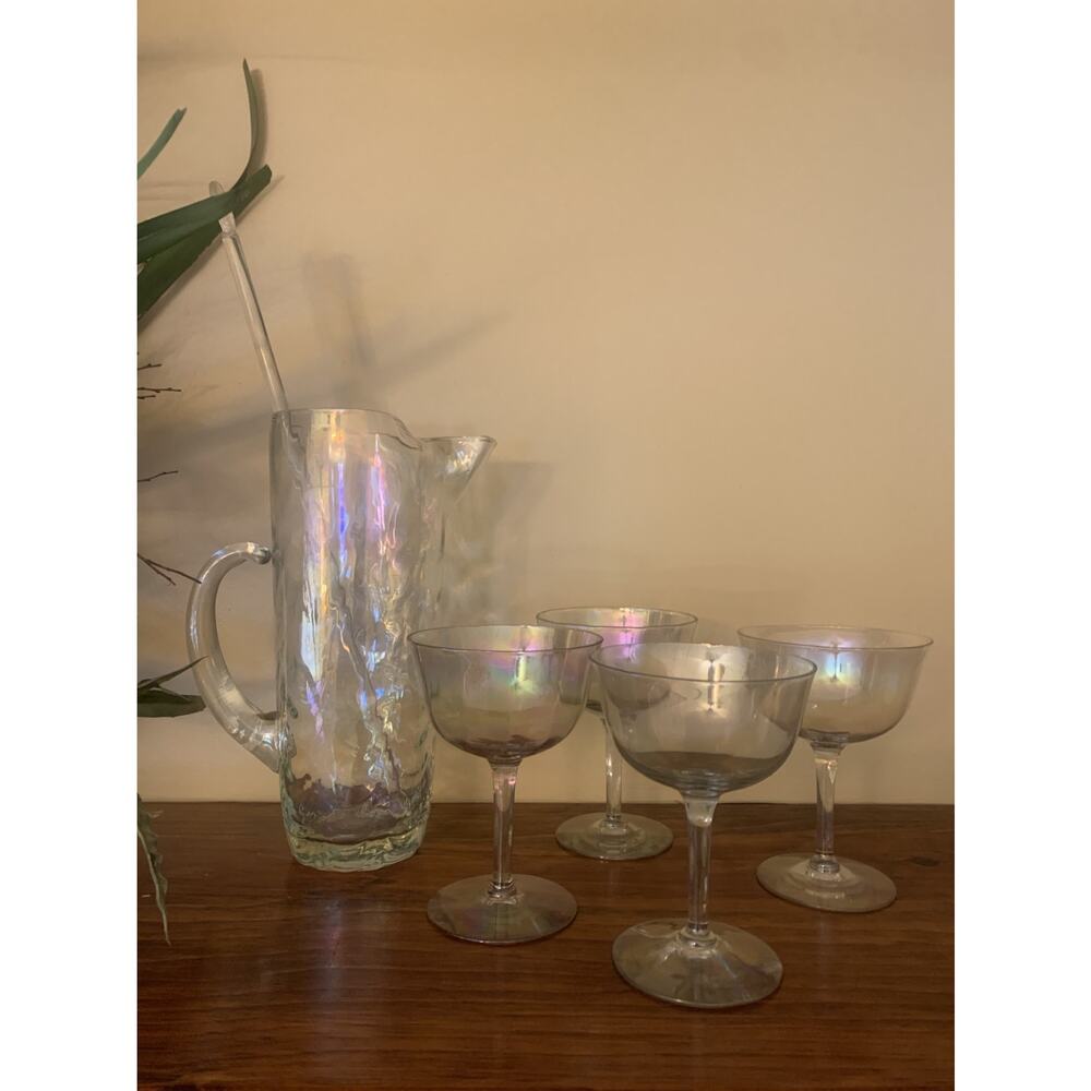 Mid-Century Modern (MCM) "Drapery" Cocktail Pitcher and Coordinating Glasses wit